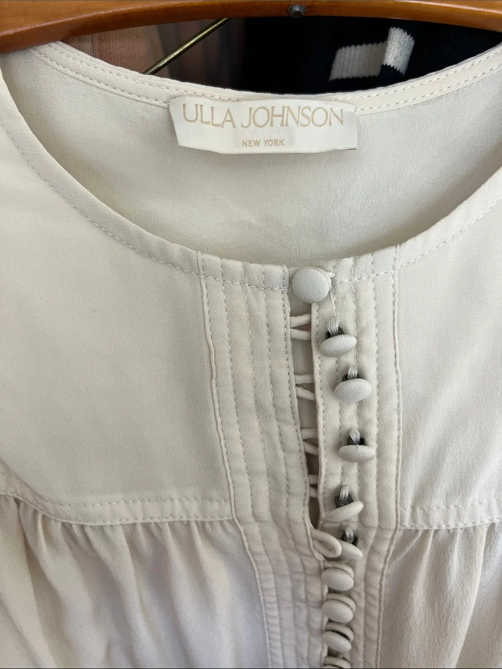 Ulla Johnson Nova Covered Button Yoke Ruffle Sleeve Silk Top Bone